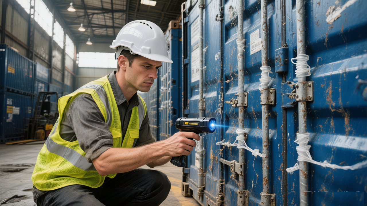 Logistics manager inspecting security seal on shipping container